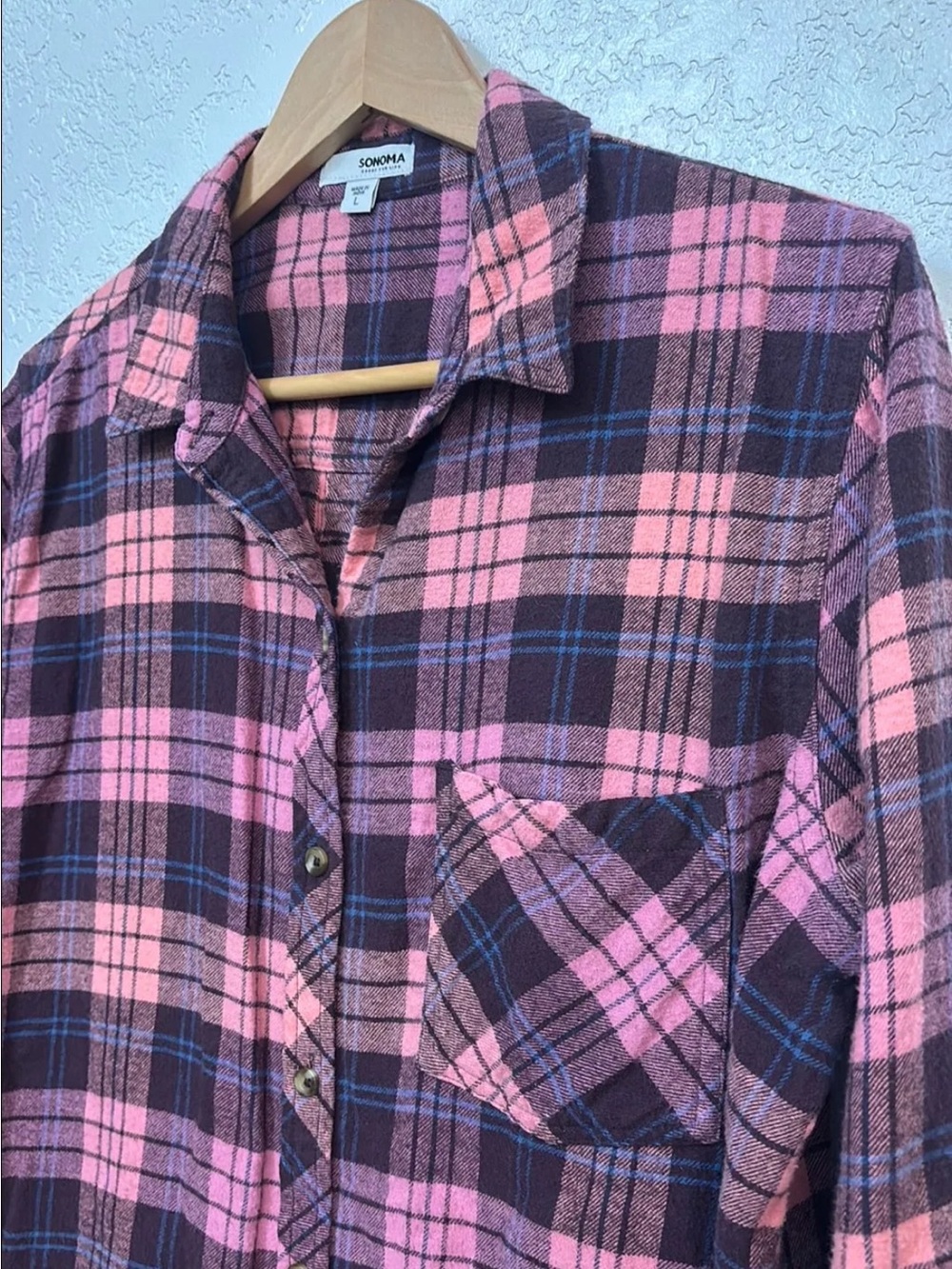 Women’s LARGE Plaid Flannel 100% Cotton Dark Pink, Black & Blue Plaid, Sonoma - Picture 2 of 10